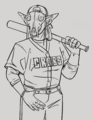 Digital lineart of Robby Hicks, a Salvadoran person with long hair and a mask-like canine skull and ears. she wears a crabs uniform and a backwards cap, and hooks one thumb through a belt loop as they hold a bat over his other shoulder.