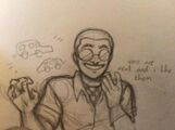 A pencil drawing of Engine. His head is shaved, he has round sunglasses, and is wearing a checkered shirt under a button-up t-shirt. He is gesturing excitedly at some images of cars, with the caption "cars are neat and I like them."