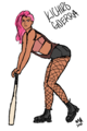 A digital sketch of Kichiro Guerra. She has long, pink hair, in a half-shave. She is wearing a bandeau, t-shirt that has large holes cut down the sides, booty shorts, fishnets, and biker boots, and has an eyebrow piercing. She is positioned in profile, leaning forward onto a baseball bat and looking angrily behind her.