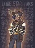 An image of Lars Taylor as a digital cowboy with arms covered in glowing circuitry and a tiny satellite orbiting their head. They're dressed in a cowboy hat and vest and are using all 4 arms to sign "1.5" in ASL. They're in front of a background that says "Lone.5tar Lars" at the top, and underneath has hands spelling out "1.5 star Lars" underneath.