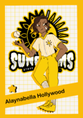 Sunbeams Edition Tlopps card of Alaynabella Holywood. She has one hand in her pocket and is tossing a blaseball up in the other. They're wearing a Sunbeams jersey and yellow pants. She's standing in front of the Sunbeams logo.