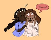A sketch Jayden Wright and Gita Sparrow. Wright is a person with dark skin, a long afro-texured braid, and a crown of sharp bones on her forehead as well as sharp bone earrings wearing a simple blue button up shirt. Sparrow is a person with light brown skin, shoulder length light brown hair, and gold earrings wearing a sweater of white feathers. Wright has her eyes closed kissing Sparrow's cheek while Sparrow is blushing, looking surprised, and saying \"Squawk!\"