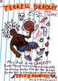 A drawing of Terrell Bradley, a bald man with brown skin and a mustache wearing jorts, a button-up shirt with flame patterns on it, and bowling shoes, and wielding a flaming bowling ball. Text around it reads "Terrell Bradley. My dad is the coolest! Even though he has like, a billion kids, he always makes time for me. His hot sauce bar is so awesome it gave people SPICY POWERS! Also he kicks ass at bowling."