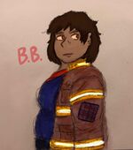 A drawing of B.B. Triumphant in profile. She is a heavyset Brazilian woman in her early 20's who has brown skin and dark straight hair that frames her face. She is wearing a firefighter's jacket in brown with gold and white stripes, and a blue and red Garages jersey underneath. She has a flannel patch sewed haphazardly onto the arm of the jacket. Her eyes are fiery red and orange.