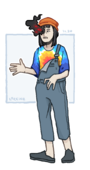 Nagomi Nava in an orange beanie, a red-orange-blue tie-dye shirt, blue-grey overalls, and black shoes.