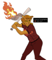 A digital drawing of Ayanna, a humanoid water bottle woman filled with orange liquid. The cap on her head has been opened a flaming rag emerges, like a molotov. She is wearing the Tigers uniform and stands poised to swing a bat.