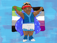 A digital drawing of PolkaDot Patterson, a person with medium brown skin and blue squid-like features wearing a Moist Talkers blaseball uniform and holding up a pride flag thats divided in the middle, with one half sporting the aromantic colors and the other being the asexual colors.