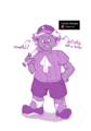 Digital drawing of Nandy Slumps on a blank background with purple-pink messy colors. Nandy is a short and stout, wrinkly lady with big droopy cheeks, tanned skin and white frizzy hair. Clothes reminiscent of a soccer uniform, with a short-sleeved tee, shorts and big shoes. She holds a bat over her shoulder and looks to the side cockily with a hand on her hip, captioned "immortal?" and "definitely not a batter".