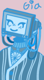 A bust drawing of Gia Holbrook in shades of blue. Her head is a CRT monitor with a smiling face on it facing the viewer on top of a mechanical neck. Her blaseball uniform is striped. The background is a light pink and her first name is written in the upper right.
