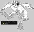 A grayscale digital drawing of Stijn, a muscular four-armed Japanese man with a pair of rectangular goggles. He appears to be suspended as if in water, and some bubbles trail off from his mouth. He looks concerned as he looks at his new so-called flippers, which are really just froglike feet and webbed hands.