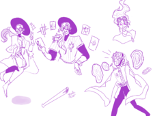 Sketches of Sunbeams player Borg Ruiz, depicting Bo as a person who wears clothing with long flowing sleeves, large circle sunglasses, crystal jewellery, and a wide brimmed hat. Borg has long hair that appears to levitate and is occasionally worn in a ponytail, and Bo is sometimes depicted wearing a mask with geode and crystal patterns on it that completely covers Bo's face. Bo also has a pet gecko.