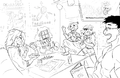 A digital ink drawing of various members of the Lift around a table, eating, laughing, and singing to Garages Karaoke in a small room filled with Garages album posters and a TV. From left to right: Gerund Pantheocide is eating nachos, Yusef Fenestrate is drinking a glass of juice through a straw, Ayanna Dumpington and Wyatt Quitter are the only people in the room standing up and are singing passionately, and Stijn Strongbody is holding a songlist and laughing.