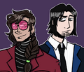A digital drawing with flat colors, depicting Harrow, a person with medium light skin, a long braid, a lip piercing, round pink sunglasses, and red jumpsuit over a turtleneck, and Schweinsteiger, a taller white man with a round face, chin length straight hair, and a rumpled suit. Harrow smirks while Schweinsteiger frowns tiredly.