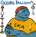 Digital drawing of Goobie, a fat blue goo person with a goo mullet. he is wearing a red beanie and a yellow t-shirt that says 'ska,' and has an anchor tattoo on one of his crossed arms. All his teams show to one side, and his positions sho won the other.