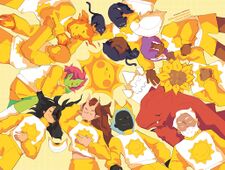 A digital drawing of the Hellmouth Sunbeams Season 11 roster taking a nap together.