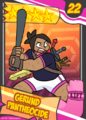 A Tlopps card featuring Gerund, a short and broad young woman with light brown skin and hair up in a ponytail. She is crouching with her mouth open in a shout and she is holding a bat like a sword.her bat held like a sword. She has three large swords strapped on her back.