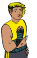 A digital drawing of Kit Honey, a thin muscular Japanese person with short hair dyed neon yellow, boxing hand wraps, and a neon yellow half-binder