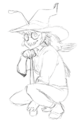 A sketch of O'Lantern crouching on eir toes and holding a bat under eir chin. Ey have a big witch hat with an anglerfish lure sticking out, a long anglerfish tail out of the back of eir head, a big toothy grin and a turtleneck.