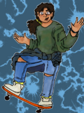 A digital drawing of Olive Loofah, a Spanish Roma person with light brown skin and their hair in a curly brown low ponytail. They are wearing a green sweatshirt and ripped blue jeans, and have a grey-blue flannel around their waist. They are skateboarding on a red skateboard with their hands out to either side like they’re posing casually. The background is blue and black lightning bolts.
