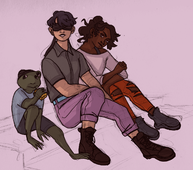 A digital drawing of Swamuel Mora, Justice Spoon, and Rivers Rosa. They are all sitting together relaxed on a set of stairs. Swamuel is wearing a blue shirt and grey shorts, with one of their four eyes covered in an eyepatch, while they drink from a juice box. To their left is Spoon, who is looking directly at the viewer but their eyes are covered with a blindfold. She is wearing a grey button down with purple slacks, a cyan belt, and brown boots. To their left is Rivers, who is wearing a white sleeved shirt and orange ripped jeans. Her hair is pulled into a high ponytail and her head is tilted to the side to also look at the viewer. /end image description