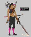 A digital drawing of Pantheocide on a gray background. Gerund is a light brown-skinned muscular woman wearing a cropped sleeveless lift jersey. She has a variety of large weapons on her back such as swords, axes, and polearms. She holds one large sword in a blood-spattered hand.