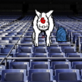 A drawing of a wild boar facing forward with a red 6 on its forehead. Next to it is a blue portal. the background of the picture is a photo of the stands at a stadium.