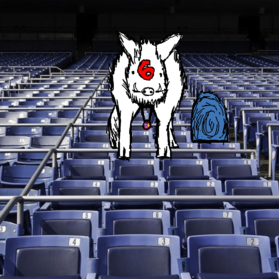 Big 6 is a large, white boar with a 6 painted on their head. They are standing among the seats at a stadium, with a dark blue vortex-like portal behind them,