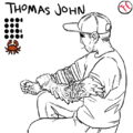 An uncolored line drawing of Thomas John with his team, stats, and position displayed above. Tommy is a thin middle aged man with short hair and eyes shadowed by a blaseball cap. He sits, facing slightly away from the viewer, as he does arm stretches. As he wears a t-shirt, his painfully heavily carcinized elbows are visible.