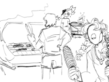 Digital drawing of Sunbeams players Sandy Crossing, Miguel James, and Borg Ruiz having a carne asada.
