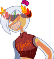 Digital drawing of Ayanna, a humanoid water bottle filled with orange fluid. She wears a crop top Tigers uniform, and has orange laurels on her head.