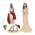 A loose, half-coloured sketch of Lady Matsuyama and Our Lady of Perpetual Friday on a beach. Lady Matsuyama, a tall, thin, olive-skinned human with long, straight, dark hair and a long red skirt over her blaseball uniform, is sitting with her hands in her lap, in her wheelchair. The wheelchair is modified with a red scorpion tail and various cogs and pipes, making it about five feet in height. Lady Friday, a tall, broader being with a body made of sand, has a handless clock-face in place of a face and long curly brown hair tied back with pink flowers. She has extended her sand body to stand at the same height as Lady Matsuyama. In the background, Bottles Suljak (a being made of glass wearing only pants, boots and suspenders) stands lovestruck with heart eyes, their hands clutched to their chest and a large rainbow flag behind them.