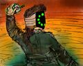 A digital drawing of Melton Telephone, a human person with a tied back ponytail and a digital mask covering their face that is lit up with ten green circles like a rotary dial. They are throwing a device into a red, yellow and green hot spring.
