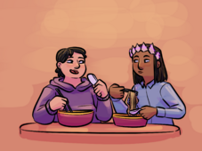 A digital drawing of Son Jensen and Jayden Wright in front of a plain orange background. Son is a Korean person with short brown hair wearing a purple hoodie. Jayden is a brown-skinned woman with a brown bob and a 'crown' of sharp bones around her head, with glowing purple cracks. She is wearing a blue button-up shirt. They are eating noodle soup out of large bowls