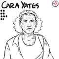 A line bust drawing of Cara Yates, a middle-aged white woman with a stringy muscular build, short hair, and heavy scarring from decarcinization. she wears a headband to keep back her hair, a tank top, and an open button down shirt. she has a deep frown on her face.