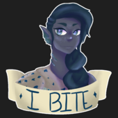 A bust of Siobhan Chark, a shark selkie with grey skin and dark grey hair resting in one long braid on her left shoulder. Their ears resemble fins and they have gills along their neck. A tan ribbon crosses the bottom of the image with the words \"I Bite\" on it.