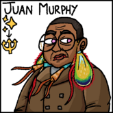 Digital artwork of Juan Murphy. Juan is an older fat mixed-Black Puerto Rican person with various adaptations resembling a mantis shrimp. Juan has buzz-cut hair, and se wears large round, frameless glasses and a large brown coat. Ce is looking off to vir left with a neutral expression.
