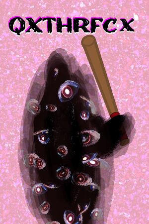 Qxthrfcx, an eldritch entity with too many eyes and not much else, a black void, holding a blaseball bat on a pink background