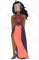 A marker drawing of Yusef Fenestrate, an Egyptian person with brown skin and black waist-length curly hair. Star is wearing a dress with a bodice made of criss-crossing straps in shades of purple and burgundy, and a long purple slitted skirt with a coral-colored piece in front. Ze has a window where zir face should be. The frame of the window is coral colored, and there are dark purple curtains on either side. Ey's standing with eir hands behind eir back, looking slightly to one side.