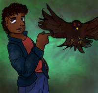 A digital drawing of Betsy Trombone, a Black nonbinary person with curly brown hair in a mullet-like shape. They have a blue-black leather jacket on and a red shirt, and are wearing blue jeans. They are leaning back and pointing at a crow which is flying directly at the camera, and have a nonchalant expression.