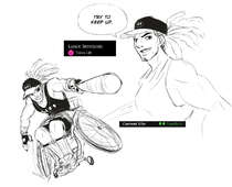 A black and white digital ink drawing of Lance Serotonin, an afro-Brazilian muscular wheelchair user with a big ponytail of dreadlocks. One drawing is a bust, where he says "Try to keep up" with a confident grin. The other drawing is a fullbody action shot of him in a sports wheelchair as he points his bat towards the camera. He appears to be moving very fast, and he has a huge smile on his face.