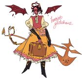 A digital drawing of Harriet Gildehaus, a demon with 4 horns, wings, a clockwork tail, and heart-shaped sunglasses. She is wearing a pink vest over a white shirt with puffy sleeves, and a layered orange frilled skirt. In one hand she's holding a golden axe and in the other, a briefcase.