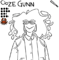 An uncolored drawing of Ooze Gunn, a tall thin person made out of goo. She has round goggles and earrings that fade into her fluffy goo hair, and has an angular smile in the shape of the letter V. It wears a bomber jacket over a buttonup.