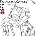 An uncolored line drawing of Francesca Goodest with her team, stats, and position displayed above. Francesca is a headless and armless mannequin torso with crab legs growing from the base like a centaur, and large crab claws growing from the torso's shoulder blades. Small eye stalks and antennae sprout from the neck.