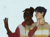 A drawing of Tyreek Olive and Justice Spoon. Both of them are facing front and are standing close to each other, while looking the the left in the distance. Tyreek has their hand up in a greeting and Spoon is smiling slightly. Tyreek is wearing their jacket and a blindfold, while Spoon’s eyes are visible. /end image description