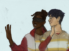 A drawing of Tyreek Olive and Justice Spoon. Both of them are facing front and are standing close to each other, while looking the the left in the distance. Tyreek has their hand up in a greeting and Spoon is smiling slightly. Tyreek is wearing their jacket and a blindfold, while Spoon’s eyes are visible.