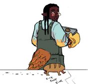 A digital drawing of Tot Best, a dark-skinned person, with dark cornrows, slightly pointed ears, and a tail resembling that of a pangolin. They have small circular glasses and are wearing a light blue sweater with sun-shaped patches on the elbows underneath grayish-green overalls. Yellow oven mitts cover their hands as they hold a baking sheet of cookies, and they look over their right shoulder as a single loaf of bread with legs walks across the counter, leaving little footprints in its wake.