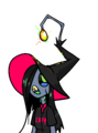 A digital portrait of O'Lantern on a blank background. O'Lantern is a thin fish person with long black hair, a big witch's hat with an anglerfish lure on the top, and a Lift Jersey. They have blue-gray skin, glowing green eyes, sharp teeth, and bioluminescent gills.