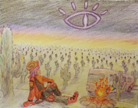 A colored pen and pencil sketch of Shirai McElroy of the Core Mechanics, sitting in front of a campfire on a desert hill that overlooks the desert bus for wrath and many cacti, beneath a sunset-colored sky and the eye of the Reader. Shirai is depicted as a humanoid with a snail-shaped helmet, wearing patched clothing with a gear logo on one shoulder, a hint of the Moist Talkers logo on the other, and wrenches made of stitches on reinforced knees.