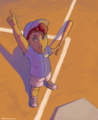 Baby Doyle, an actual infant, is depicted in Jazz Hands uniform, dragging a bat behind them at the plate. They are confidently pointing upwards, and the notes of The Lick are reflected in their eyes.