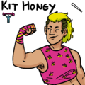 A digital drawing of Honey, a buff Japanese person with a crooked nose and a strong jaw. Kit is wearing a hot pink binder with bees, pink and yellow boxing tape, and shaggy fluorescent yellow hair with an undercut. Kit looks to one side and smirks as kit flexes one arm.